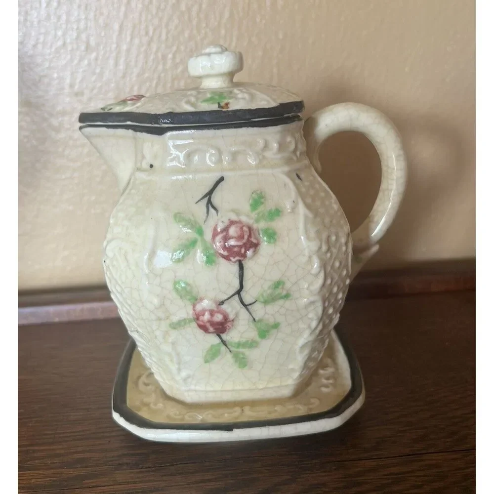 Vtg‎ Moriyama Japan Basketweave Majolica Floral Tea Pot Set Cream Sugar Japan